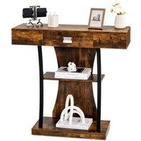 Costway T-Shaped Industrial Console Table Narrow Sofa Side Table Entryway Display Shlves in Brown
