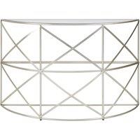 Orsina Silver Leaf Console Table, Geometric Iron Frame in Reflective Silver Finish, Tempered Glass Top Accent Table