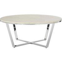 Orsina Round White Faux Marble Coffee Table, Chrome Metal Legs & Lattice Base, Modern Boutique Style Accent Table in Silver
