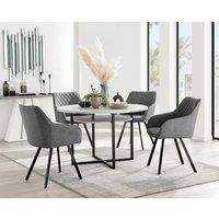 FurnitureboxUK Adley Grey Concrete Effect Round Dining Table & 4 Falun Black Leg Fabric Chairs in Dark Grey