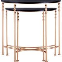Orsina Set of Two Half Round Console Tables, Boutique Style Rose Gold Accent Tables with Matte Black MDF Top