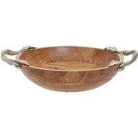 Orsina Acacia Wood Round Bowl, Hardwood Salad Tray With Metal Leaf Handles, Rustic Fruit Dish, Natural Timber Bowl