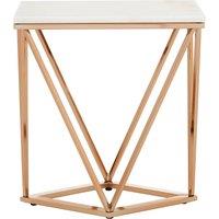 Orsina Champagne Finish End Table With Rose Gold Legs, White Marble Top Side Table, Modern Prismatic Bedside Table