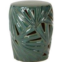 Orsina Green Ceramic Table With Palm Leaf Motif, Glazed Stoneware Stool, Boho Accent Piece For Living Room