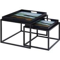 Orsina Set of 2 Assorted Colour Nesting Tables, Abstract Art Tempered Glass Tops with Removable Tray Feature