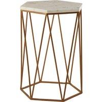 Orsina Gold Hexagonal Side Table With White Marble Top, Luxe Geometric Accent Table For Livingroom, Side Table