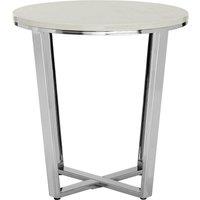 Orsina Round White Faux Marble End Table, Chrome Metal Legs with Lattice Base, Boutique Accent Table for Living Room