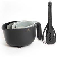 MasterClass 9pc Kitchen Tools Bundle with Mixing Bowl, Colander, Measuring Jugs, 2x Spatulas, Cooking Spoon, Pasta Server & Masher in Grey