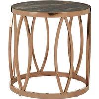 Orsina Round Side Table With Leaf Base, Rose Gold Stainless Steel Frame, Black Faux Marble Top, Luxe End Table
