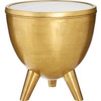 Orsina Round White Marble Top Table, Brass Finish Drum Shape Table, Natural Marble Surface, Living Room Side Table