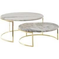 Orsina Set of 2 White Marble Cake Stands, Round Cake Plate, Brass Finish Display Unit, White Veined Marble Plate
