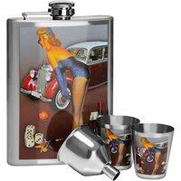 Orsina 8oz Hip Flask Set With 2 Cups, Retro Stainless Steel Flask With Classic Pin-Up Design, Includes Two Shot