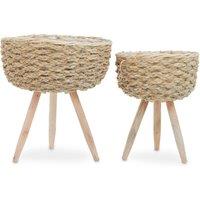 Orsina Set of 2 White Planters, Woven White Pots With Wooden Legs, White Plant Containers With Inner Lining in Natural