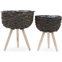 Orsina Set of 2 White Planters, Woven White Pots With Wooden Legs, White Plant Containers With Inner Lining in Black