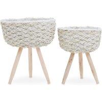 Orsina Set of 2 White Planters, Woven White Pots With Wooden Legs, White Plant Containers With Inner Lining