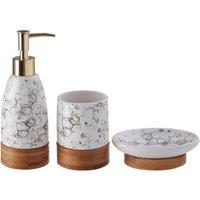 Orsina 3 Pc Bubble Print Bathroom Set, Crisp White Restroom Accessories Set, Bamboo Base Countertop Holder Set