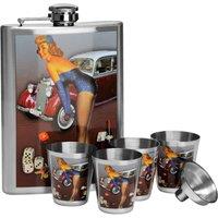 Orsina 8oz Hip Flask Set With 4 Cups, Vintage-Style Stainless Steel Flask Featuring Classic Pin-Up Print