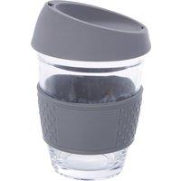 Orsina Glass Mug With Red Silicone Lid, Glass Coffee Mug With Silicone Lid & Cork Wrap, Glass Mug With Lid in Grey