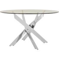 Orsina Round Glass Dining Table With Chrome Intersected Legs, Clear Tempered Glass Top Modern Dining Table in Silver