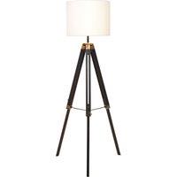 Orsina Tripod Floor Lamp With Black Base, Cylindrical Shade Standing Lamp, Wooden Floor Lamp With Metal Bracing