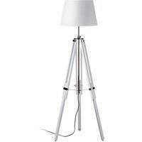 Orsina Adjustable Floor Lamp with Chrome Accents, Natural Grey Wooden Tripod Legs, Contemporary Fabric Shade in White