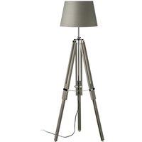 Orsina Adjustable Floor Lamp with Chrome Accents, Natural Grey Wooden Tripod Legs, Contemporary Fabric Shade
