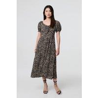 Izabel London Women's Animal Print Short Puff Sleeve Maxi Dress in Beige | Size: 14