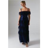 Oasis Women's Pleated Mesh Tiered Skirt Bridesmaid Dress With Satin Belt in Navy | Size: 10