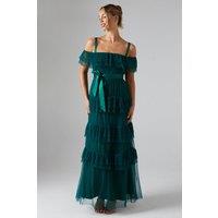 Oasis Women's Pleated Mesh Tiered Skirt Bridesmaid Dress With Satin Belt in Emerald | Size: 10