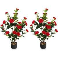 Costway Artificial Camellia Tree Faux Flower Plant Artificial Tree in Cement Pot Greenery Potted Plant Free Maintenance in Red