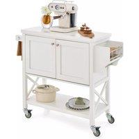 Costway Kitchen Storage Trolley Cart Rolling Island Shelves Cupboard 2 Doors &Towel Rack in White