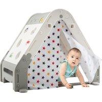 Costway 6 in 1 Playhouse w/ Tent Climbing Wall & White Board in Grey