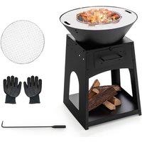Costway 2 In 1 Fire Pit with BBQ Grill 60cm Metal Firewood Stove w/ Fire Poker in Black