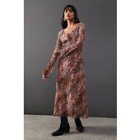 Warehouse Women's Chiffon Tie Keyhole Front Bias Midi Dress in Animal | Size: 8