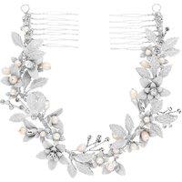 Jon Richard Women's Silver Plated Clara Brushed Leaves Fresh Water Pearl & Crystal Double Comb - Gift Pouch