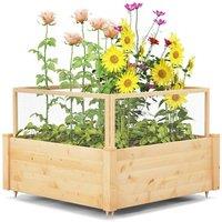 Costway Wooden Elevated Planter Box Square Raised Garden Bed with Fence in Natural
