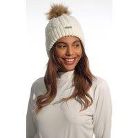 Island Green Women's Faux Fur Pom Pom Cable Knit Beanie Hat in Off-White