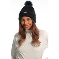 Island Green Women's Faux Fur Pom Pom Cable Knit Beanie Hat in Navy