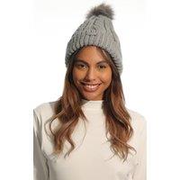 Island Green Women's Faux Fur Pom Pom Cable Knit Beanie Hat in Grey
