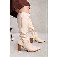 'Alpha' Stretch Wide Calf Block Heel Knee High Boots With Stitch Detail