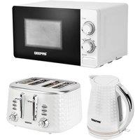 Geepas Argyle Collection 1.7L Electric Kettle 4 Slice Bread Toaster 20L Microwave Oven Set in White