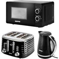 Geepas Argyle Collection 1.7L Electric Kettle 4 Slice Bread Toaster 20L Microwave Oven Set in Black