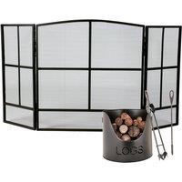 Dibor Contemporary Style Black Fire Screen Guard H64 x W120cm with Log & Kindling Bucket