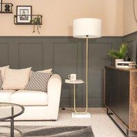 ValueLights Tavel Brushed Gold Marble Base Floor Lamp With Table & Large White Shade in Brown