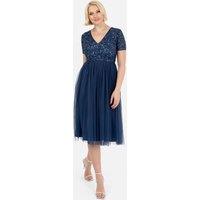 Maya Deluxe Women's Short Sleeve V Neck Embellished Midi Dress in Navy | Size: 6