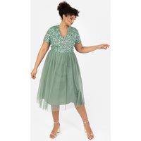 Maya Deluxe Women's Short Sleeve V Neck Embellished Midi Dress in Dark Green | Size: 8
