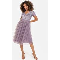 Maya Deluxe Women's Short Sleeve V Neck Embellished Midi Dress in Lilac | Size: 28