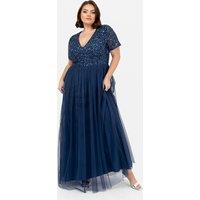 Maya Deluxe Women's Short Sleeve V Neck Embellished Maxi Dress in Navy | Size: 6