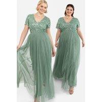 Maya Deluxe Women's Short Sleeve V Neck Embellished Maxi Dress in Dark Green | Size: 8