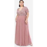 Maya Deluxe Women's Short Sleeve V Neck Embellished Maxi Dress in Dusty Pink | Size: 16